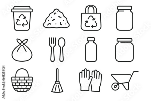 Urban Permaculture Icons. Outline icon set of waste reduction in urban permaculture: recycling bin, compost
