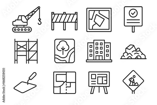 Urban Redevelopment Icons. Outline vector icons of urban redevelopment projects: demolition crane, site fence,