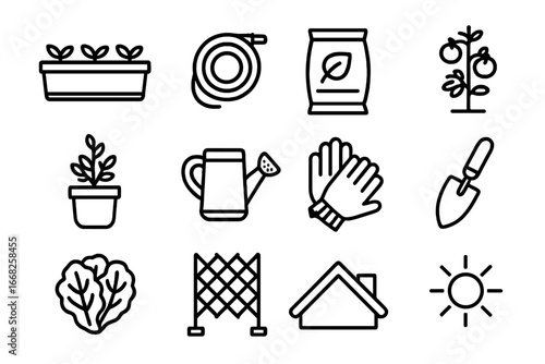 Urban Rooftop Farming Icons. Outline icon set of urban rooftop farming: planter box, irrigation hose, compost