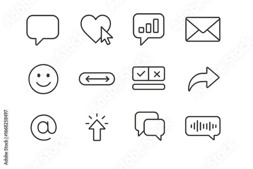User Engagement Icons. Outline icon set of user engagement tools: comment icon, heart click, poll chart, DM