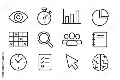 User Attention Icons. Outline icon set of user attention measurement: eye, stopwatch, bar chart, pie chart,
