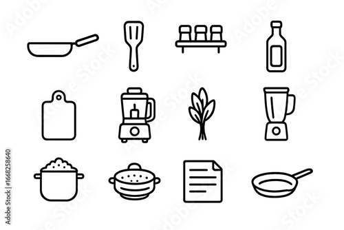 Vegan Cooking Icons. Outline icon set of vegan cooking essentials: nonstick pan, wooden spatula, spice rack,