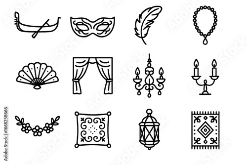 Venetian Masquerade Icons. Outline icon set of Venetian-inspired masquerade decor: gondola silhouettes, ornate