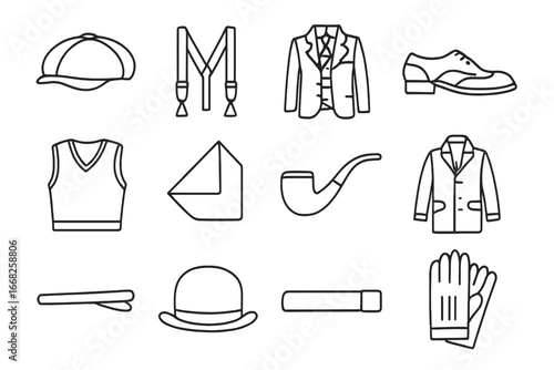 Vintage Men's Icons. Outline icon set of classic men’s vintage wear: newsboy cap, suspenders, three-piece suit