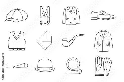 Vintage Men's Icons. Outline icon set of classic men’s vintage wear: newsboy cap, suspenders, three-piece suit