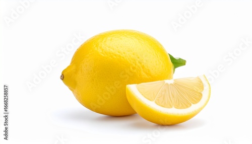 Fresh lemon with slice and green leaf isolated on white background