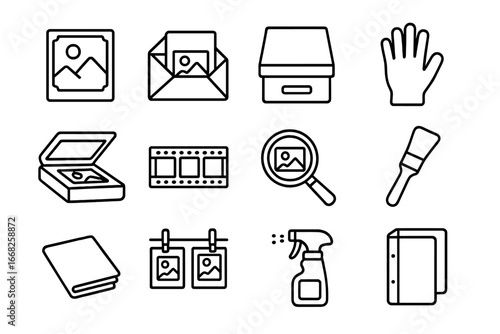 Vintage Photo Preservation Icons. Outline icon set of preserving old photographs: vintage photo, photo