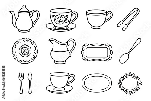 Vintage Tea Set Icons. Outline icon set of vintage tea sets: porcelain pot, floral cup, gold rim, sugar tongs,