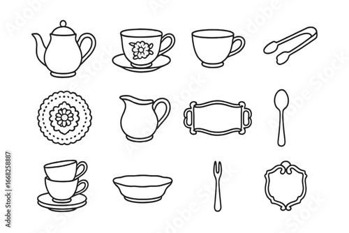 Vintage Tea Set Icons. Outline icon set of vintage tea sets: porcelain pot, floral cup, gold rim, sugar tongs,
