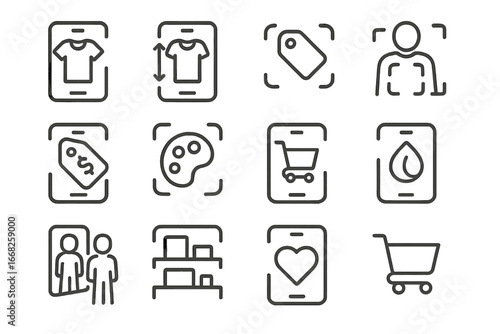 Virtual Shopping Icons. Outline icon set of virtual shopping with AR: clothing overlay, size guide, product