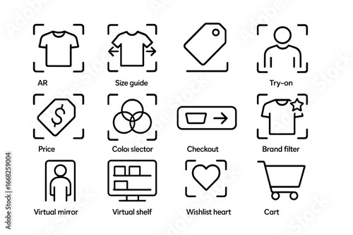 Virtual Shopping Icons. Outline icon set of virtual shopping with AR: clothing overlay, size guide, product