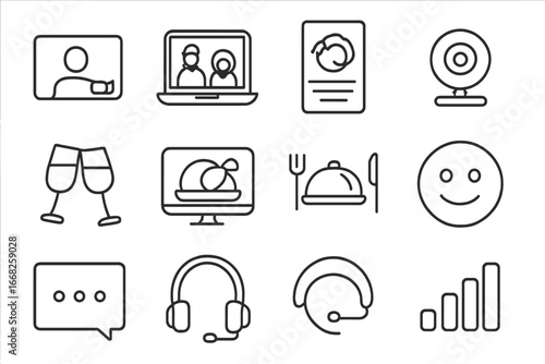 Virtual Thanksgiving Icons. Outline icon set of virtual Thanksgiving celebration: video call, laptop screen,