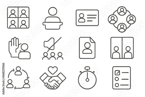 Virtual Therapy Icons. Outline vector icons of group therapy via video: group grid, moderator icon, name tags,