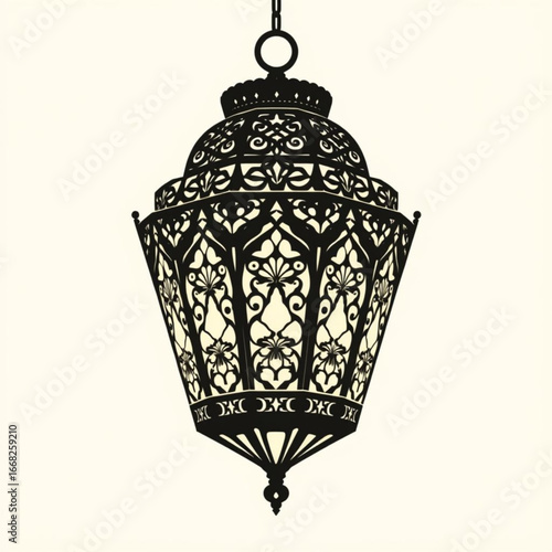 Minimilist ornate black metal lantern with intricate filigree design hanging from a chain on a light background vector
