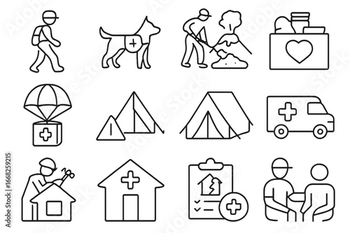 Volcano Rescue Icons. Outline vector icons of volcano rescue and recovery: search team, rescue dog, ash