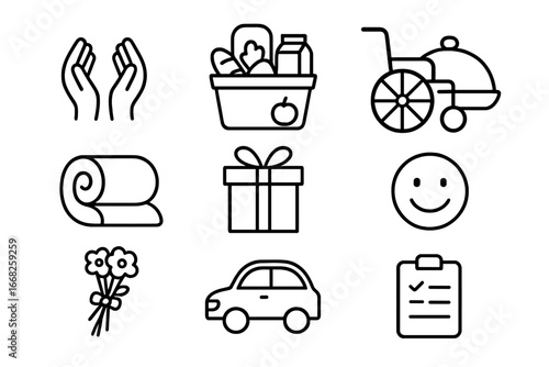 Volunteer Support Icons. Outline icon set of volunteer support for ill family: helping hands, basket of goods,