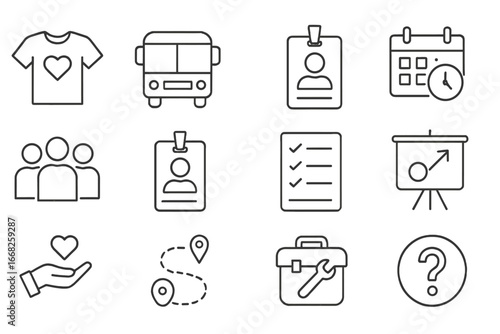 Volunteer Deployment Icons. Outline icon set of volunteer deployment: volunteer shirt, team bus, ID card,