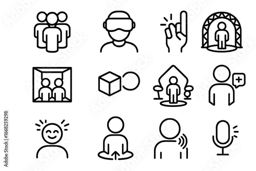 VR Social Icons. Outline icon set of VR social hubs: 3D avatars, virtual reality goggles, gesture controls,