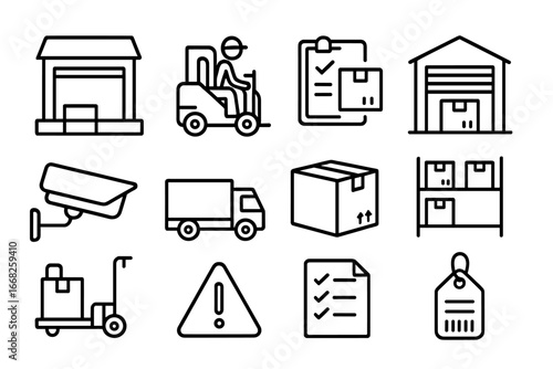 Warehouse Logistics Icons. Outline icon set of warehouse logistics: loading dock, forklift operator, goods