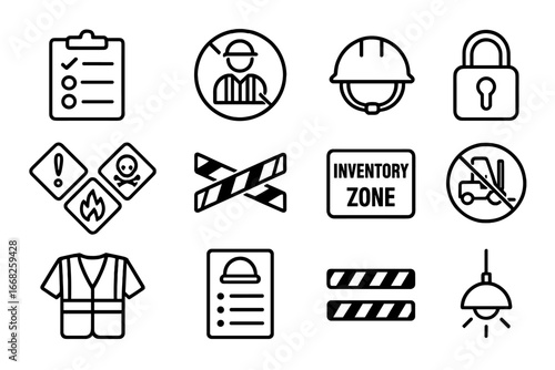 Warehouse Safety Icons. Outline icon set of warehouse PPE and signs: safety checklist, no entry without PPE,