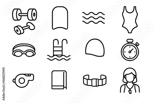 Water Aerobics Icons. Outline icon set of water aerobics: dumbbells, kickboard, water waves, swimsuit, goggles