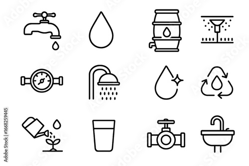 Water Conservation Icons. Outline icon set of water conservation measures: faucet, water droplet, rain barrel,