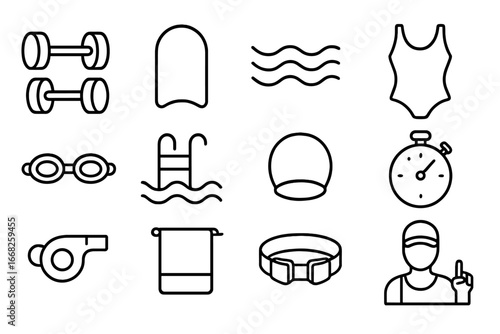 Water Aerobics Icons. Outline icon set of water aerobics: dumbbells, kickboard, water waves, swimsuit, goggles