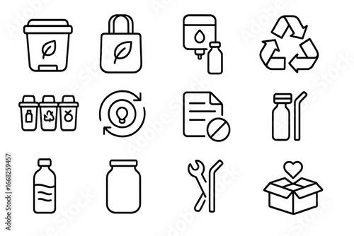 Waste Reduction Icons. Outline icon set of waste reduction: compost bin, reusable bag, refill station,