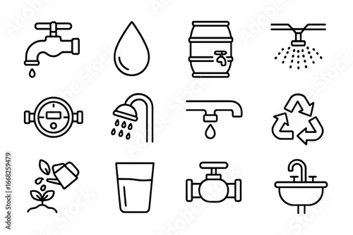 Water Conservation Icons. Outline icon set of water conservation measures: faucet, water droplet, rain barrel,
