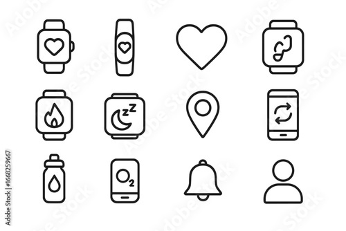 Wearable Health Icon Set. Outline icon set of wearable health monitoring: smartwatch, fitness tracker, heart