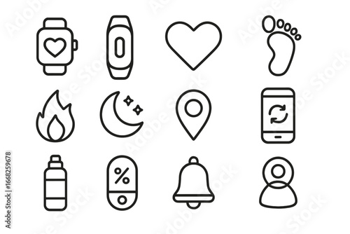 Wearable Health Icon Set. Outline icon set of wearable health monitoring: smartwatch, fitness tracker, heart