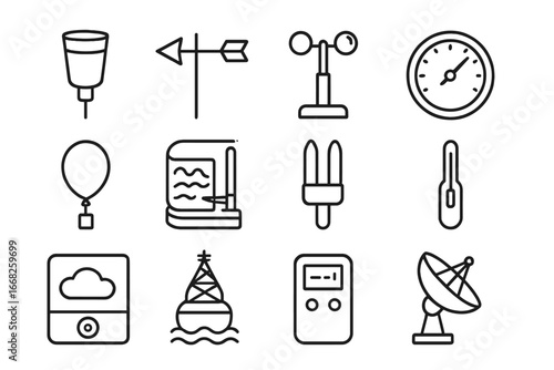 Weather Instruments Icons. Outline icon set of climate data collection: rain gauge, wind vane, anemometer,