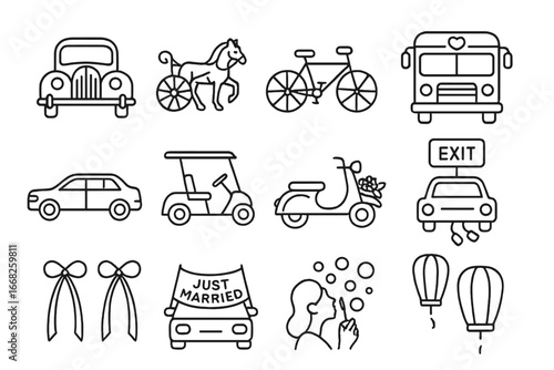 Wedding Transport Icons. Outline icon set of wedding transportation: vintage car, horse carriage, tandem bike,