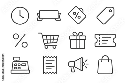 Weekend Deals Icons. Outline icon set of weekend deals: clock, sale banner, discount tag, price tag,