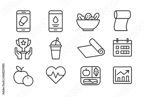 Wellness Icons Grid. Outline icon set of wellness challenges at work: step counter, water tracking app, salad