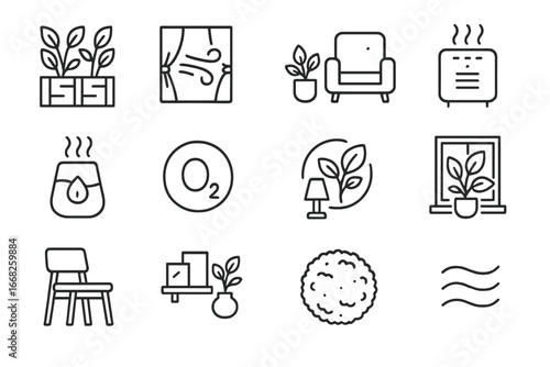 Wellness Interior Icons. Outline icon set of wellness-centered interiors: plant divider, soft breeze, green