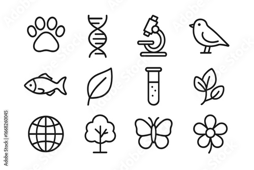 Wildlife Preservation Icons. Outline icon set of wildlife genetic preservation: paw print, DNA strand,