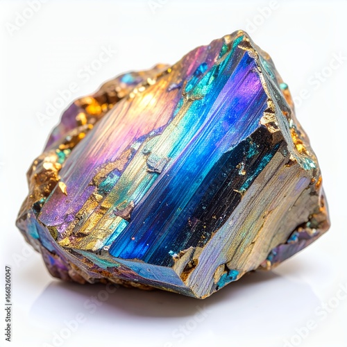 Iridescent mineral specimen showcasing vibrant spectral colors exploration on white background