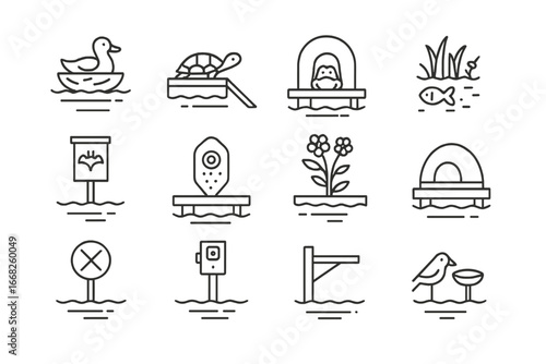 Wildlife Support Icons. Outline vector icons of wildlife support on floating habitats: bird nest, turtle ramp,