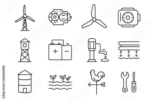 Wind Energy Icons. Outline icon set of wind energy for farms: wind turbine, gearbox, rotor blade, generator,