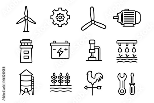 Wind Energy Icons. Outline icon set of wind energy for farms: wind turbine, gearbox, rotor blade, generator,