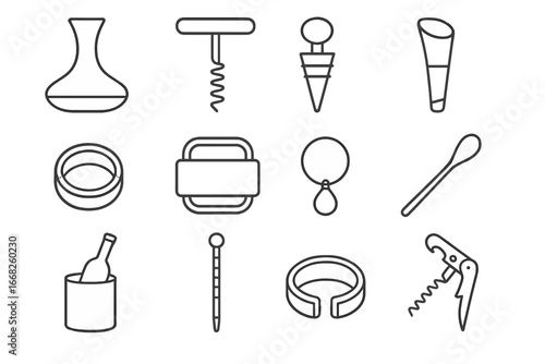 Wine Accessories Icon Set. Outline icon set of wine accessories: decanter, corkscrew, bottle stopper, aerator,