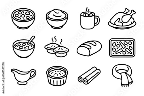 Winter Comfort Foods Icons. Outline icon set of winter comfort foods: beef stew, mashed potatoes, hot cocoa,