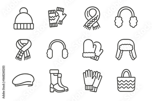 Winter Fashion Icons. Outline icon set of winter fashion accessories: beanie hat, patterned socks, fingerless