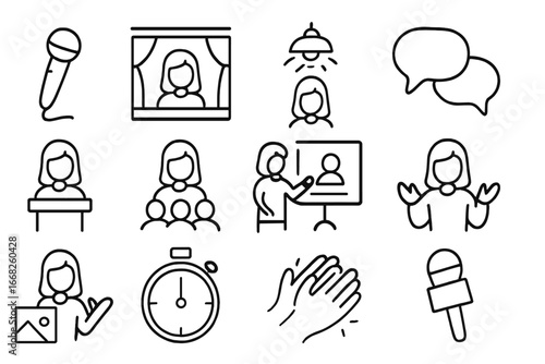 Women in Public Speaking Icons. Outline vector icons of public speaking by women: microphone, stage icon,