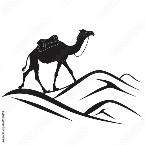 Camel walking along coastal dunes silhouette