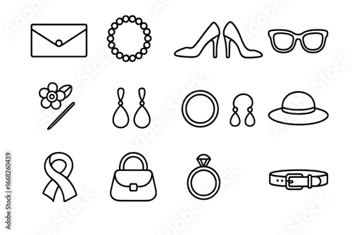 Women's Accessories Icons. Outline icon set of women’s fashion accessories: clutch bag, pearl necklace, high