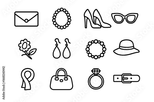 Women's Accessories Icons. Outline icon set of women’s fashion accessories: clutch bag, pearl necklace, high