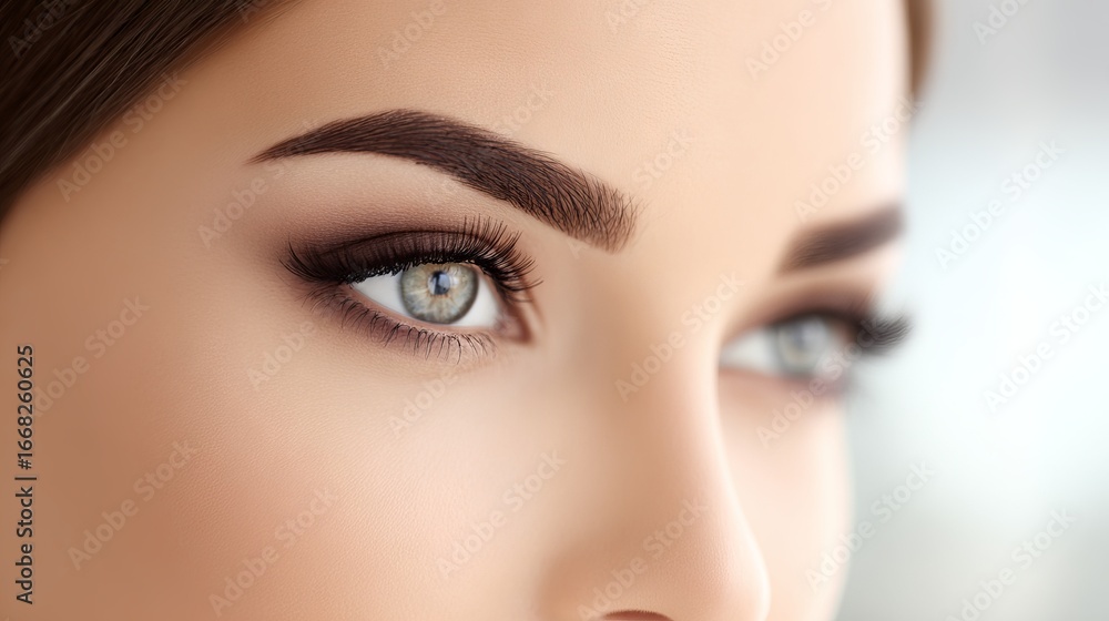 Fototapeta premium Close-up of a young woman with striking blue eyes and perfectly shaped eyebrows, showcasing her natural beauty and elegance in a soft, blurred background with warm tones