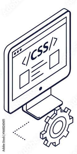 Minimilist isometric computer monitor displaying css code connected to a gear with dotted line path design vector